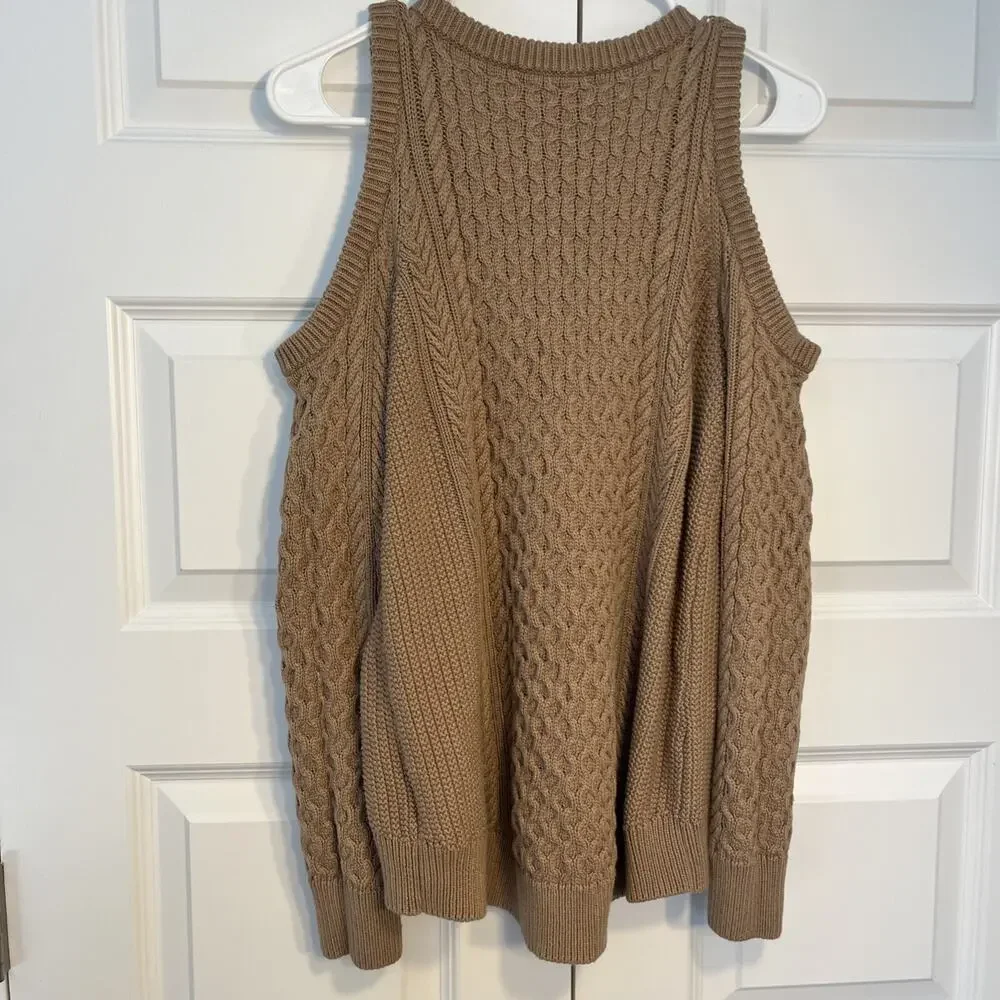 Michael Kors Light Brown Cable Knit Sweater W/ Cold Open Shoulders, Size Medium